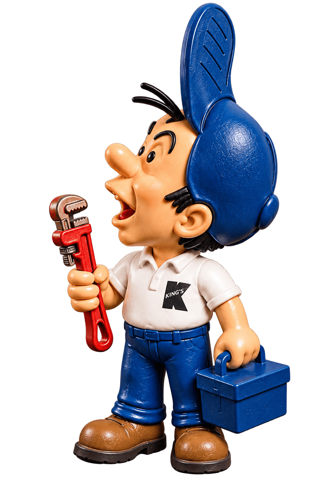 King’s friendly plumber mascot with his red wrench and blue toolbox